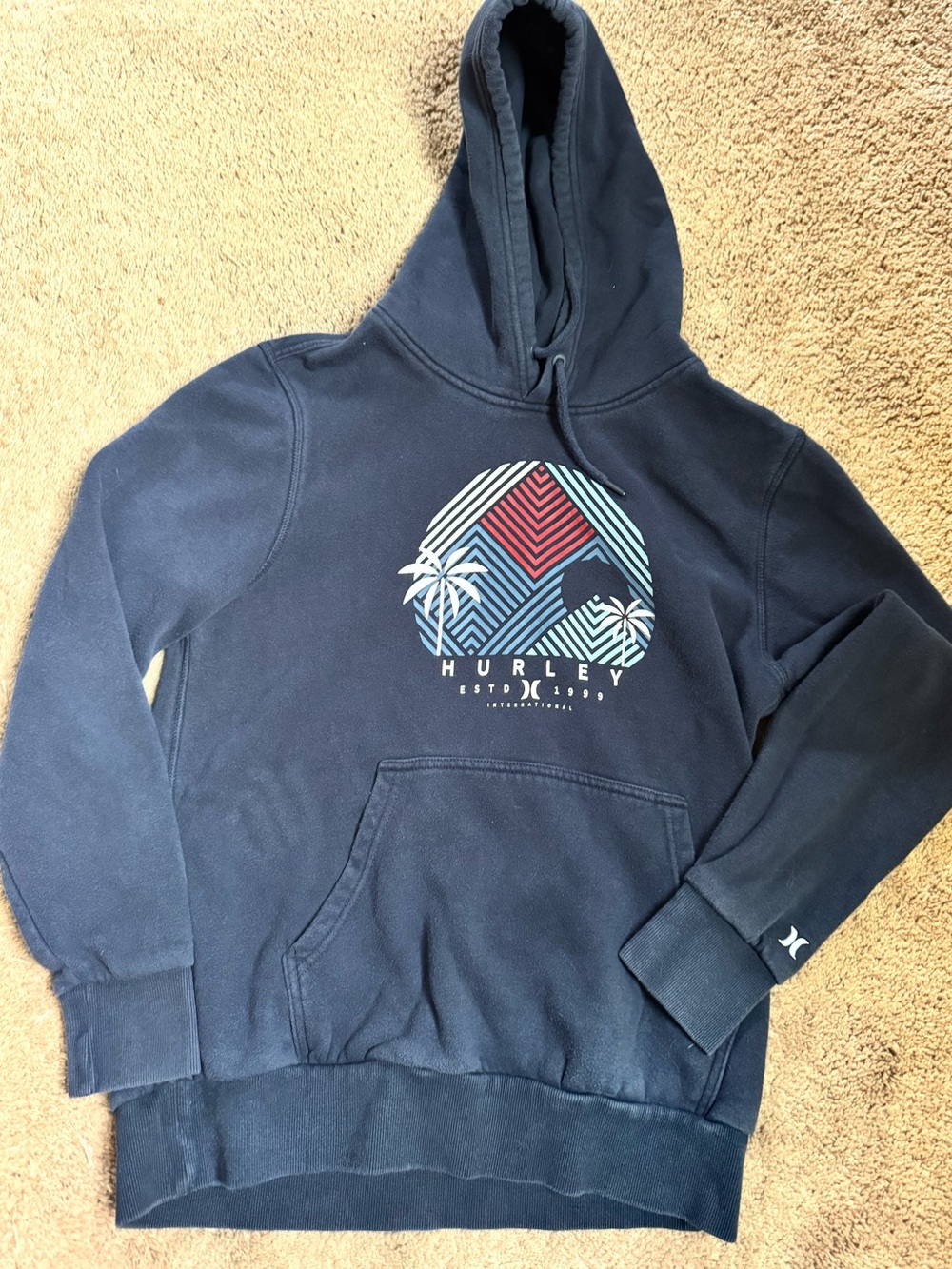 Hurley Navy Crewneck Hoodie with Multicolor Geometric Palm Graphic